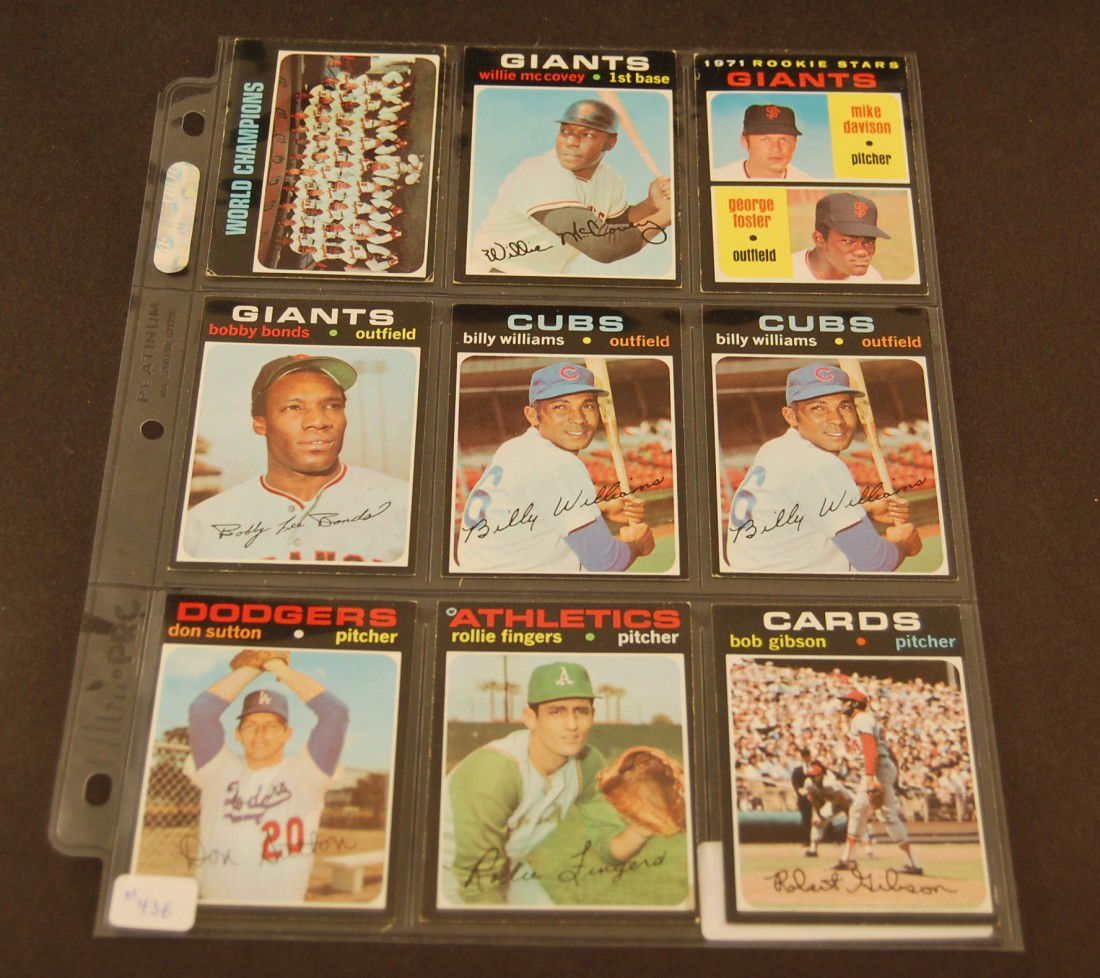 9 Topps Baseball Cards: McCovey, Bonds, 2 Williams, Sutton, Fingers, Gibson, 1971 Rookie Stars, World Champions Orioles