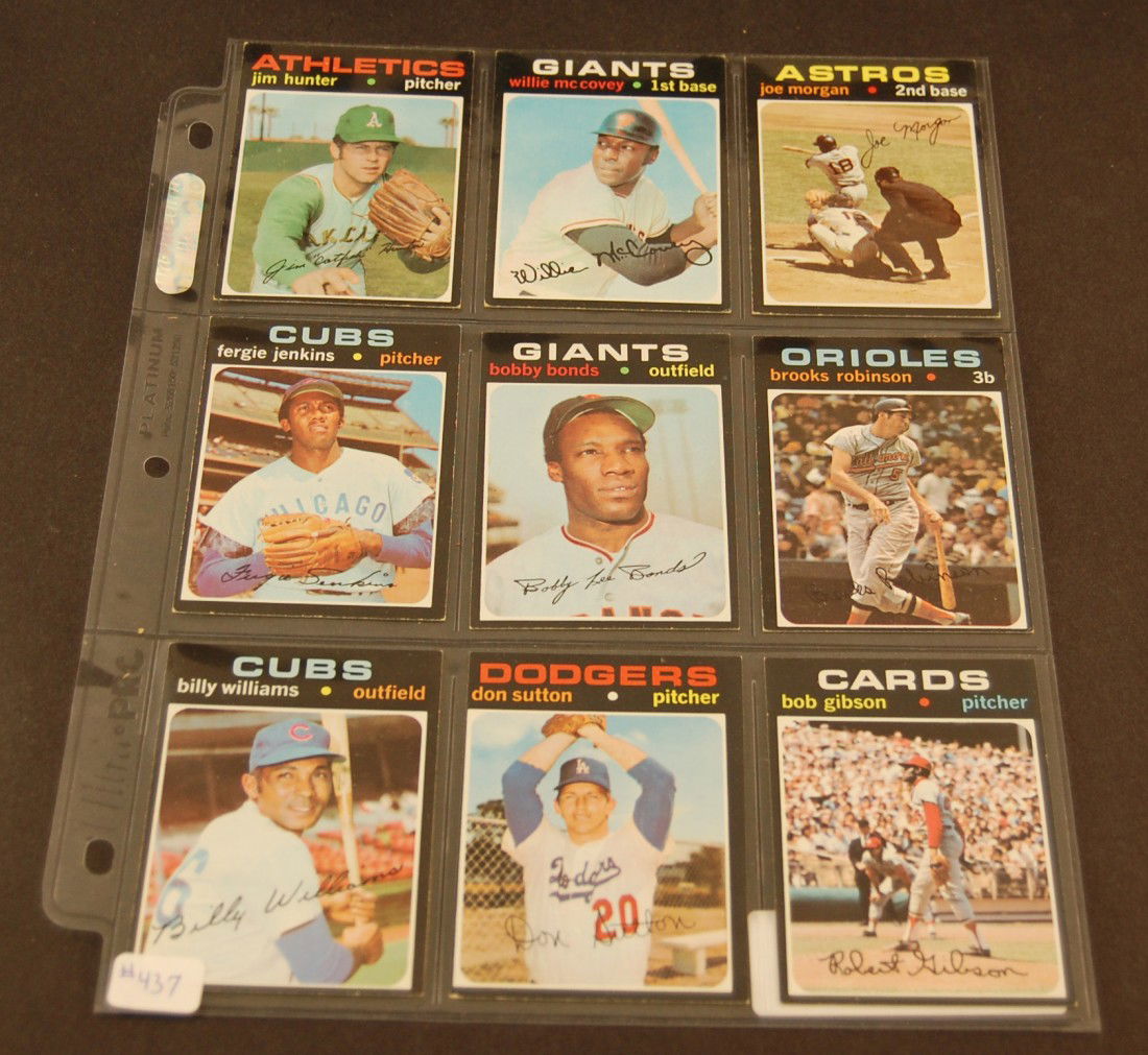 9 Topps Baseball Cards: Hunter, McCovey, Morgan, Jenkins, Bonds, Robinson, Williams, Sutton, Gibson