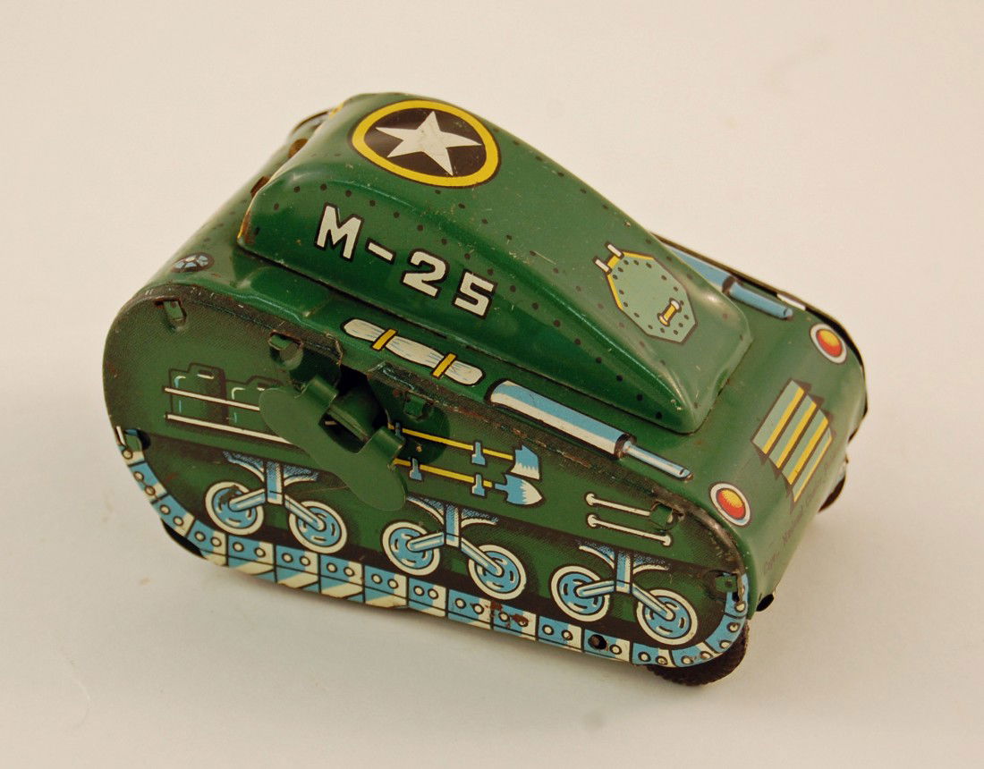 Tin Wind Up Toy Tank with Superman: 4 inches long