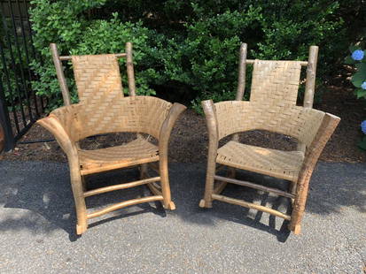 Jack Leadley Adirondack Yellow Birch Rockers: made in the style of Lee Fountain. Both rockers are signed and made in Speculator, NY. One is dated 2003 and one is dated 2004.