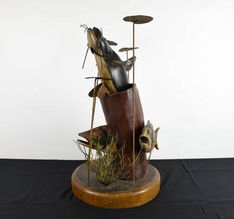 Contemporary Fish Sculpture -Robert A. Francis: with carved and painted fish, metal lily pads. 30" tall on a 17" diameter base.