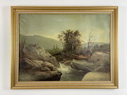 Adirondack Oil on Canvas Painting: Mountain scene with brook and man on the bank. Painting is from the late 1800's in a contemporary frame. Overall size 37" x 28 1/2". Painting could use cleaning. Small 1 inch horizontal repair in canv