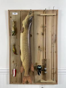 Fishing Display Board: with a well carved wooden 37" painted fish. Display board is 26 1/2" x 40 1/2".