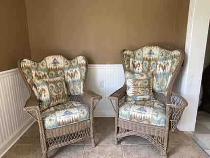 Bar Harbor Wing Back Wicker Arm Chairs: circa 1900, both chairs are in very good condition, structurally sound, good paint and newly upholstered.