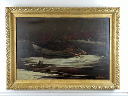 Robert B. Williams Oil on Canvas Painting: Deer hunter in Adirondack Guide Boat. Overall size 42 1/2" x 30 1/2" , Dark painting in a lemon gilt frame. Signed lower right illegible.