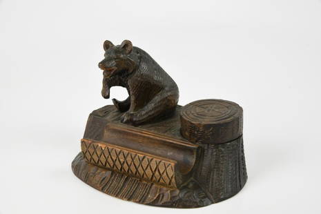 Black Forest Desk Set: bear with pen holder and ink well. 6 3/4" long in excellent condition.