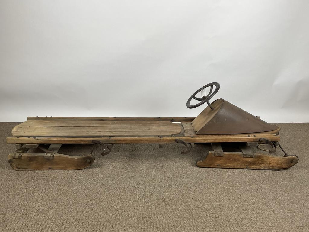 Early 3 Person Primitive Bobsled w/ Steering Wheel (1 of 4)