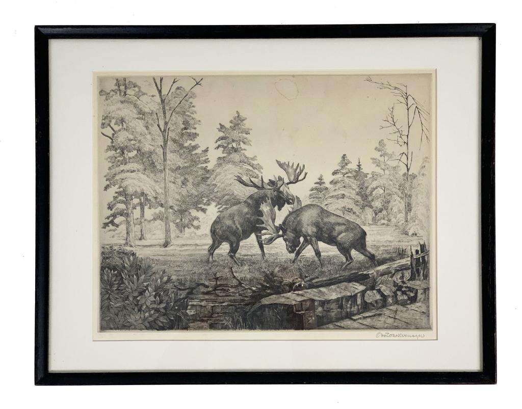 Fighting Moose Etching by Otto Wackernagel (1 of 4)