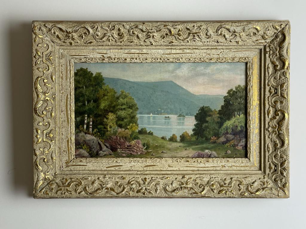 Summer Lake Scene Adirondack Oil on Board: unsigned, 11" x 15 1/2"