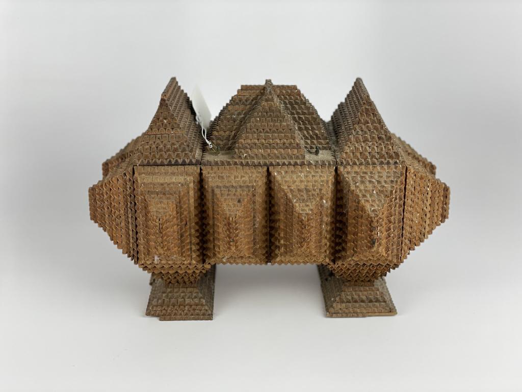 Tramp Art Hinge Top Dresser Box: 14" long x 9" tall.