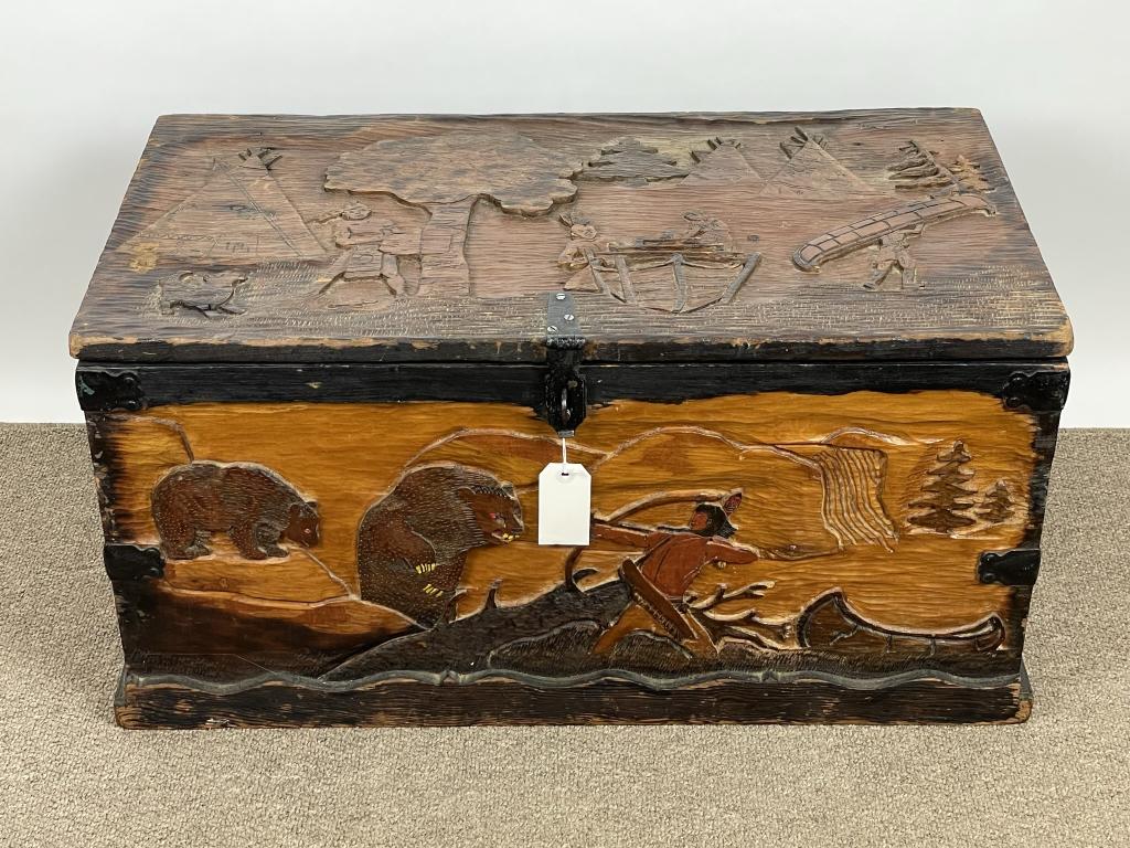 Heavily Carved Trunk w/ Native American Scenes (1 of 6)