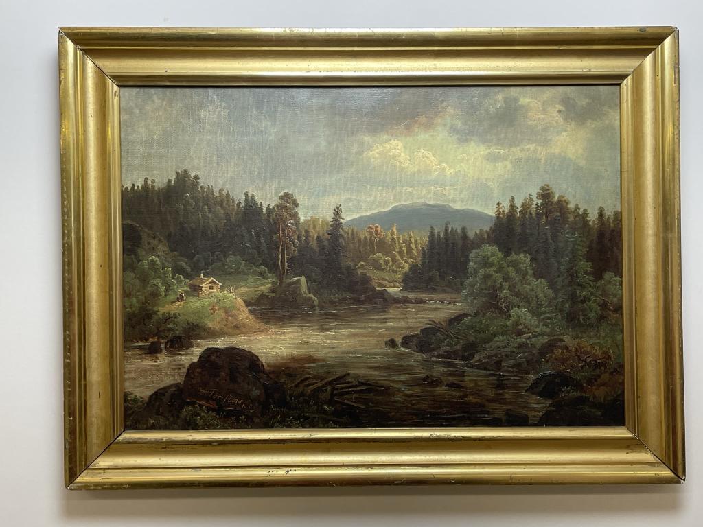 Oil on Canvas of Log Cabin on River Shore (1 of 4)