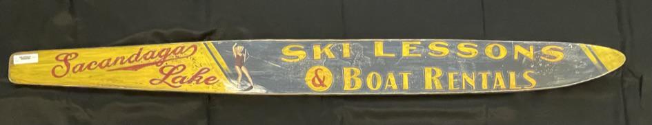 Sacandaga Lake Hand Painted Wooden Ski Sign: Ski Lessons and Boat Rentals. 67 1/2" long