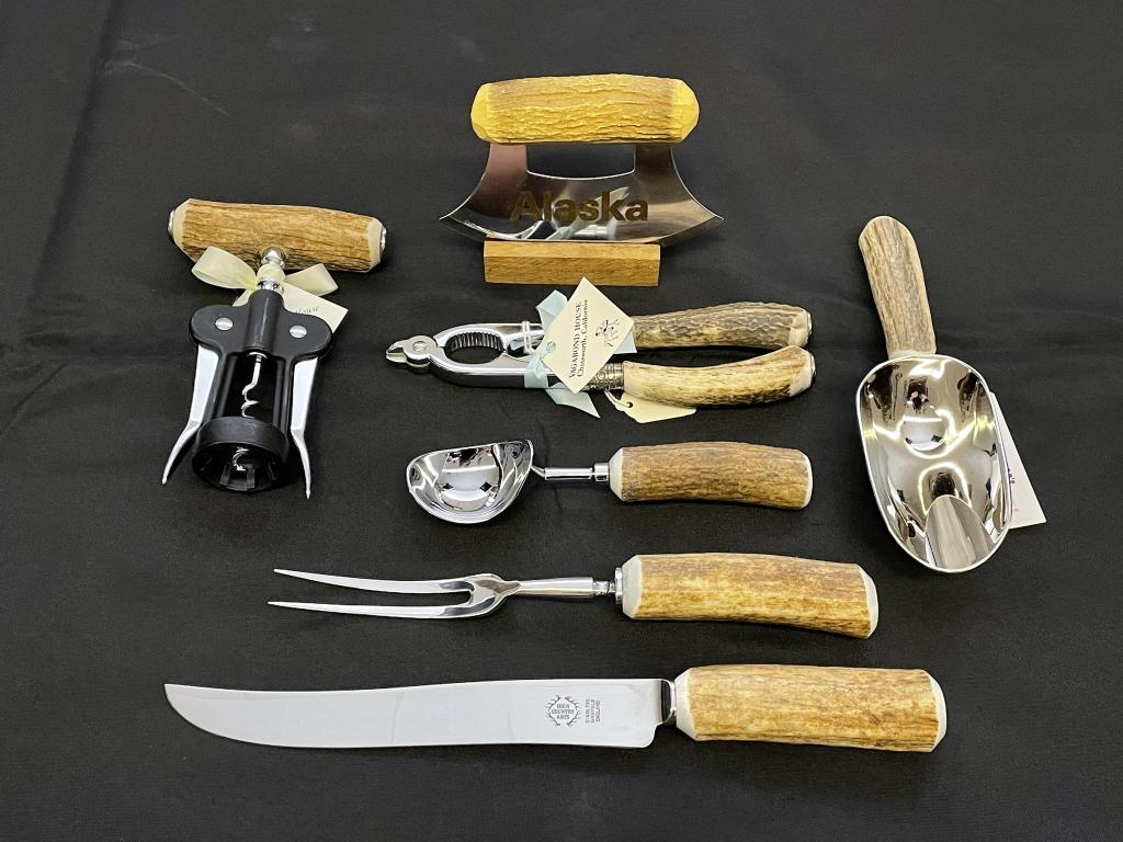 7 New Stag Handled Kitchen Utensils: From Vagabond House. Includes: Wine Bottle Opener, Champaign Puller, Ice Cream Scoop, Food Chopper, Dry Goods Scoop, Serving Knife and Folk.
