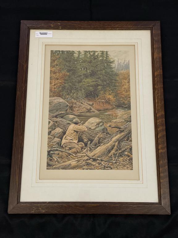 A.B. Frost Framed Lithograph Whitetail Deer Hunter (1 of 3)