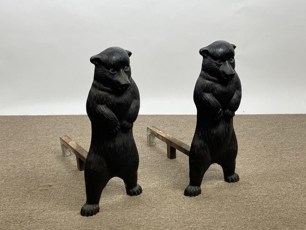 Pair of Contemporary Black Bear Andirons: with glass eyes.