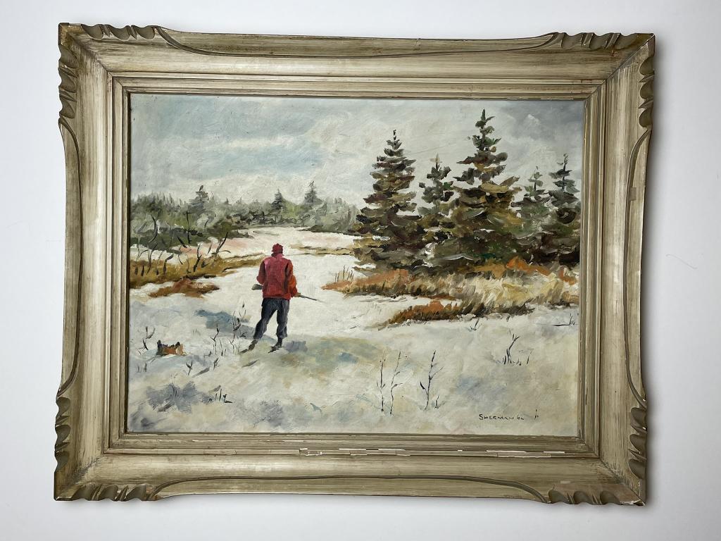 Oil on Board of Hunter in Winter by Sherman 1966 (1 of 3)
