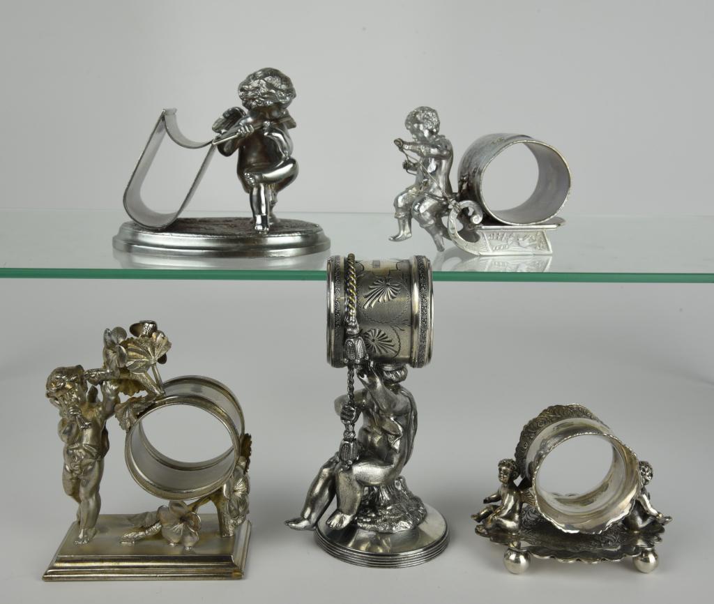 5 Assorted Cherub & Youth Figural Napkin Rings: From a prominent family on Lake George in Bolton Landing, NY.