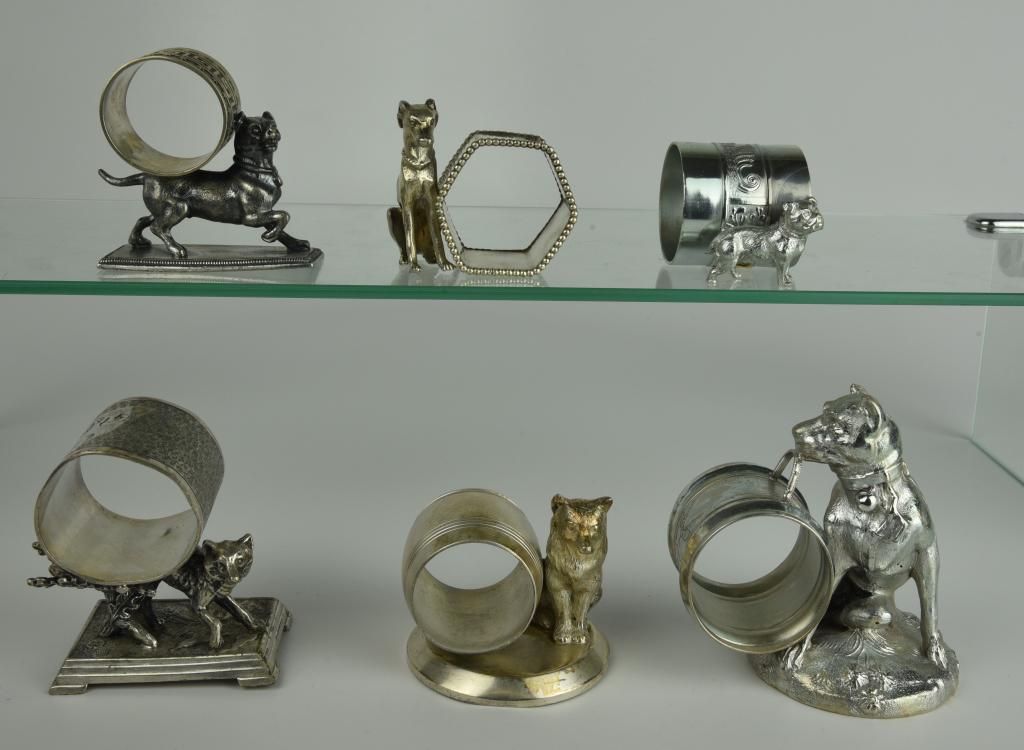 6 Assorted Dog & Fox Figural Napkin Rings: From a prominent family on Lake George in Bolton Landing, NY.