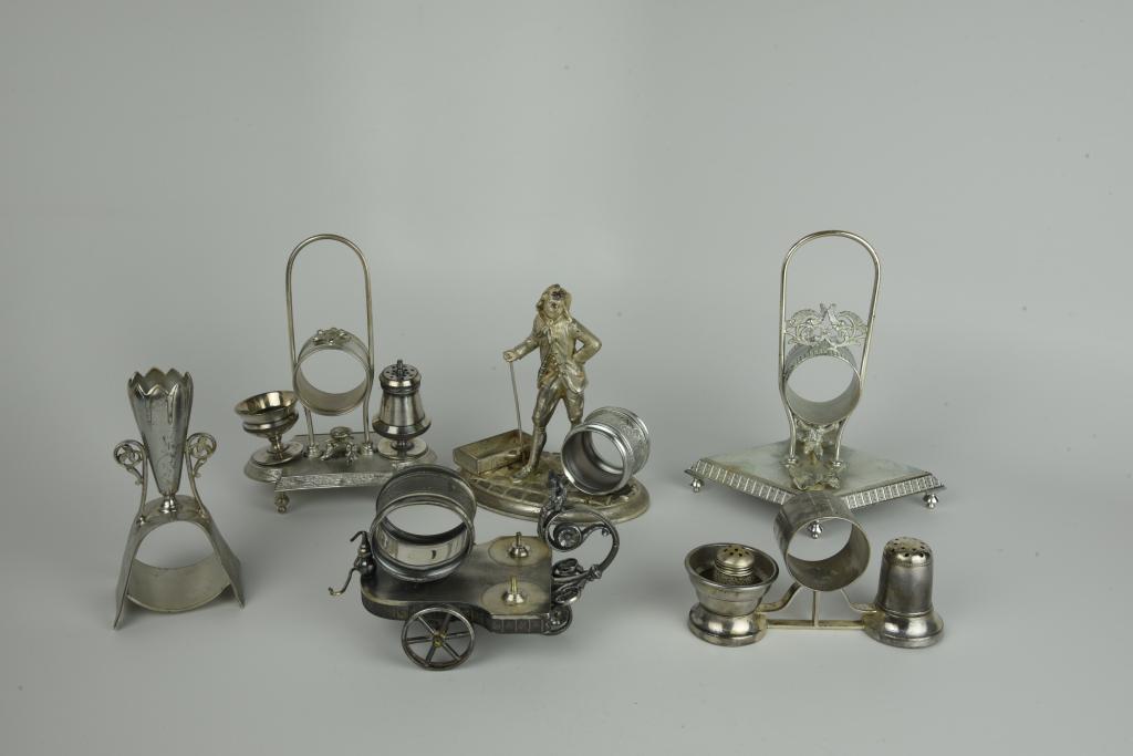 6 Large Figural & Salt / Pepper Napkin Rings: missing pieces, condition issues. From a prominent family on Lake George in Bolton Landing, NY.