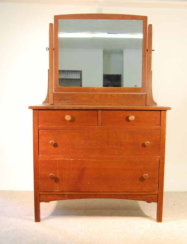 L& JG Stickley Dresser: Signed L & JG Stickley dresser with mirror. 22" x 42" x 68" Some staining on top