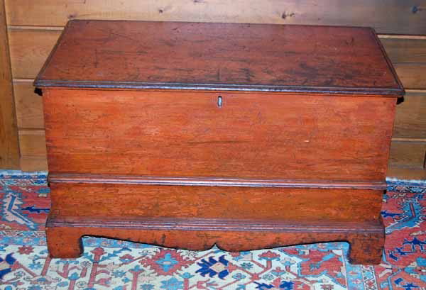Painted Blanket Chest: large pine blanket chest with a single board lid having original orange paint, 2 drawers at the bottom and a till 40 "X 20 1/2" X 23"