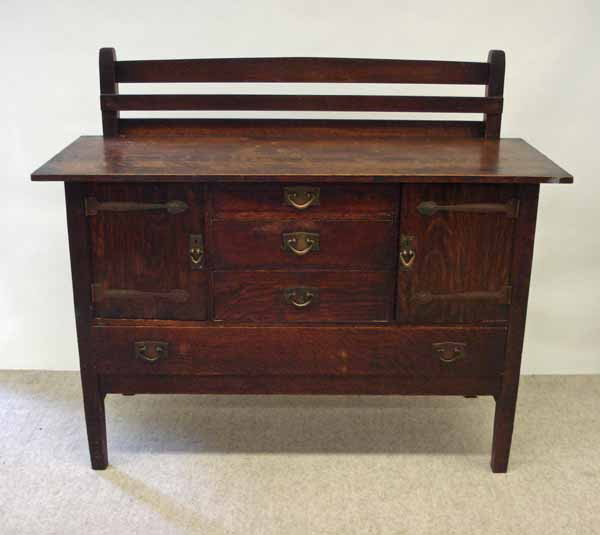 Gustav Stickley Sideboard: Gustav Stickley sideboard. 22" x 47 1/2" x 56 wide. Red Signature in drawer and Craftsman paper label on back.
