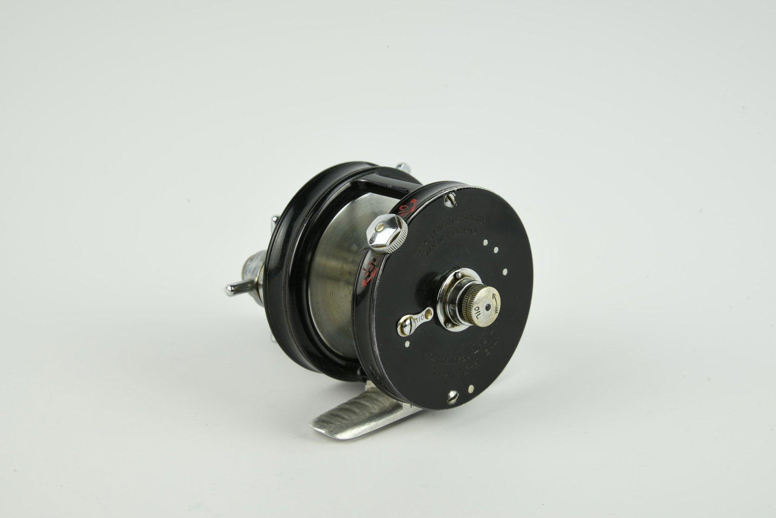 Hardy Jock Scott Casting Reel: 2 1/8" diam, 3/4" wide spool, marked "The H.J.S. Reel" and "Brit. Pat. No 486135", ribbed alloy foot, free-spool lever, thumb rest and original grasp. Condition is VG+/Ex-.