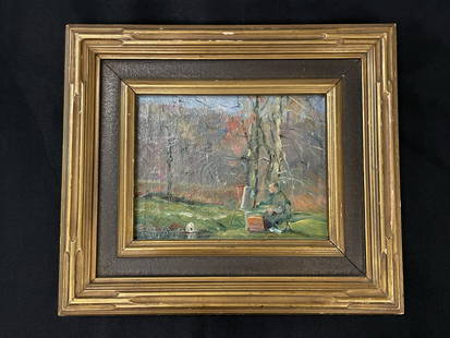 Emile Gruppe (1896-1978) "Early Spring" Painting: Oil on Canvas dated April 18, 1928. Depicting artist painting at easel in the woods. Painting size 7" x 9". Overall size 12 1/2" x 14 1/2". Proceeds from this lot being sold to benefit the Hyde