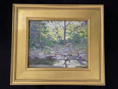 Emile Gruppe (1896-1978) Along the Creek Painting: oil on board painting. Painting size is 8" x 10". Frame size is 13 /14" x 15 1/4". In excellent condition. Proceeds from this lot being sold to benefit the Hyde Museum in Glens Falls, NY.