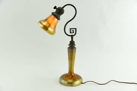 Steuben Gold Aurene Glass Table Lamp: Signed base and shade. Glass in good condition and lamp in working order. Total height is 21". From a Doctor's home in Watertown, NY.