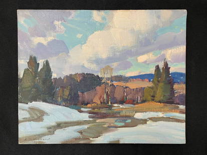 A.T. Hibbard (1886-1972) Oil on Board Painting: "Landscape with Patches of Snow" 8" x 10" unframed. and in very good condition. The proceeds of this lot are going to the operating budget of the Hyde Museum in Glens Falls, NY.