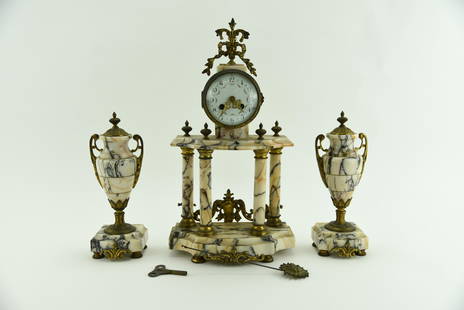 Marble 3 piece French Clock Set: back of clock marked H & BP. Includes: key and pendulum. Clock is 19 1/2" tall, urns are 11 1/2" tall. As found condition. From a Doctor's home in Watertown, NY.