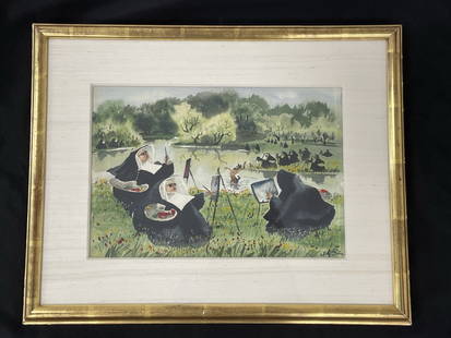 Adolf Dehn (1895-1968) Double Sided Watercolor: Framed painting. Front is of Nun Plein Air Artists and the back is Great God Pam. Dated 1942. Frame has a Harmon-Meek Gallery Label. Overall frame size is 17" x 21 1/2". The proceeds of this lot are