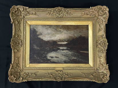 "A Grey Day Near Edzell" Oil Painting: pencil inscription on frame is illegible. From the same family as the Charles Peale painting (Lot #14). Painting size is 12" x 18". Overall size 21 1/2" x 27 1/2". Painting in good condition. Gold