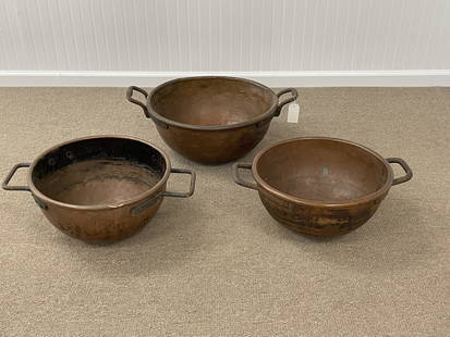 3 Heavy Copper Candy Kettles: Dovetailed construction. Two are 17" in diameter and one is 20" in diameter. All with heavy iron handles.