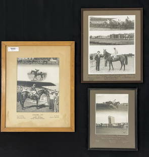 3 Vintage Framed Horse Racing Photos: from the mid 1900's, New York State. Each framed, 11 1/2' x 14 1/2", 14 1/2" x 17 1/2" and 17 1/2" x 21 1/2" .