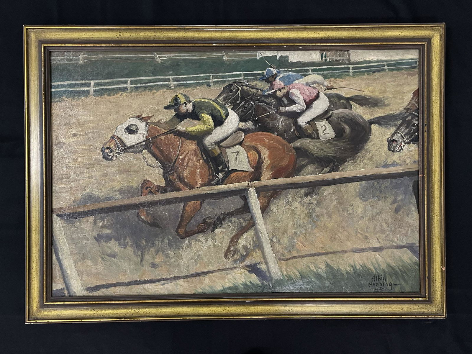 Albin Henning Oil on Canvas Horse Racing Scene (1 of 4)