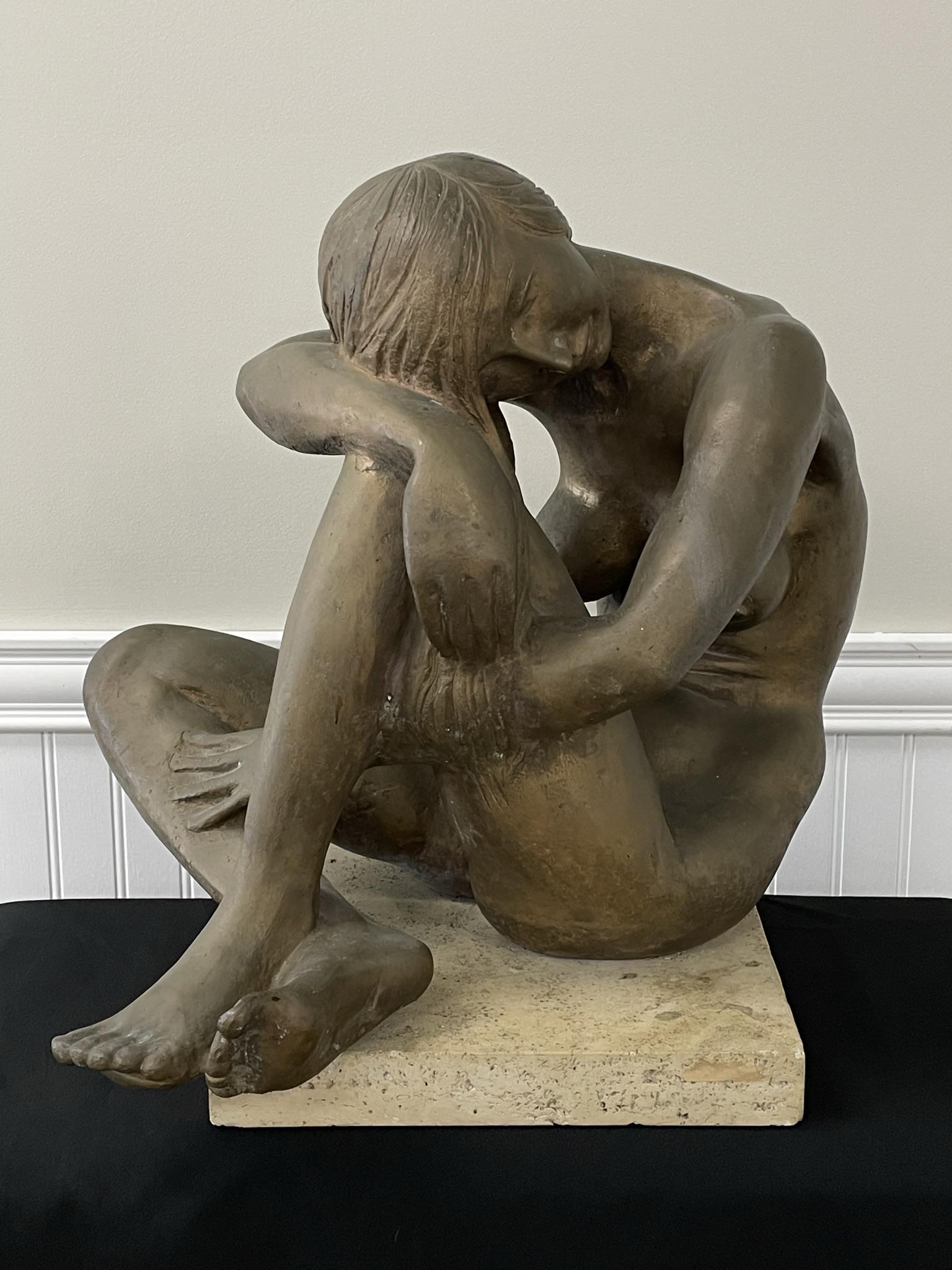 Milton Hebald Bronze Nude Sculpture "Reflections": dated 1980. II / XII. Patinated-bronze women resting her head on her knees set on a travertine base. 19" tall and weighs 70 pounds. Provenance: Gifted in support of museum operations to The Hyde Colle