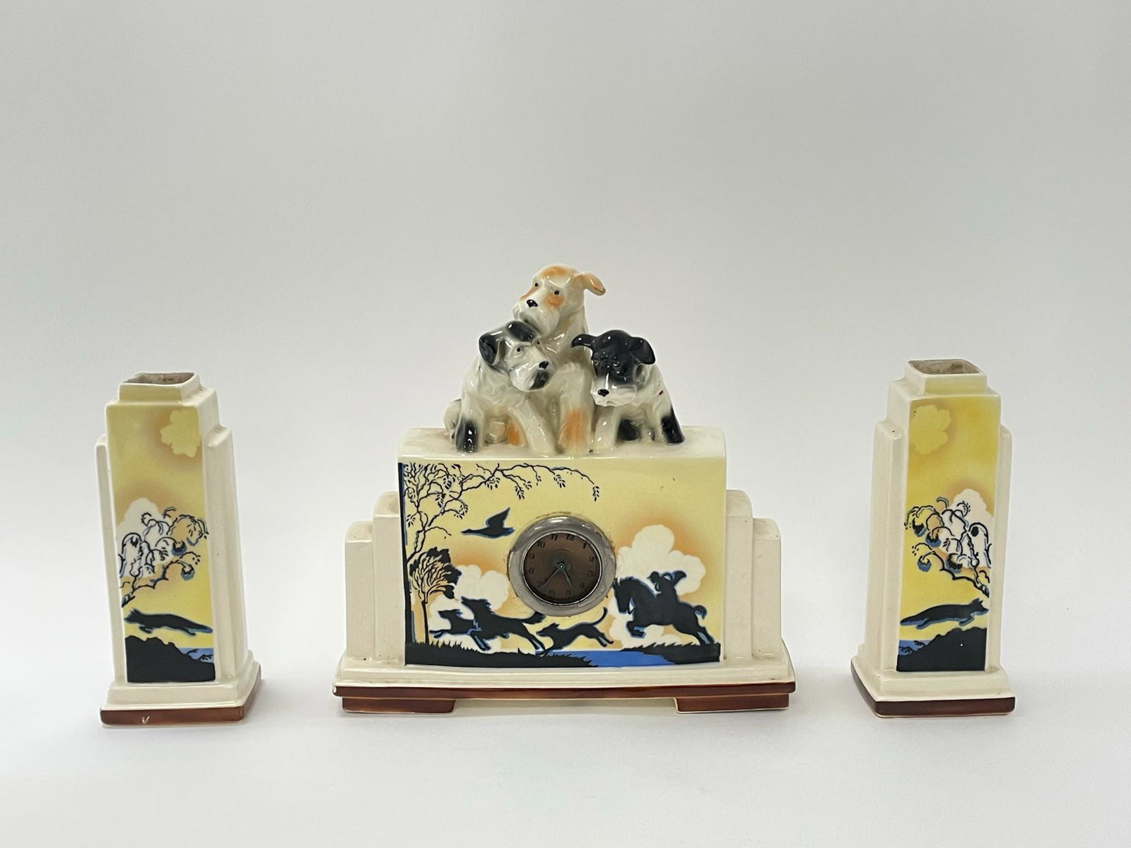 Czechoslovakia Art Deco 3 Piece Clock Set w/ Dogs (1 of 6)