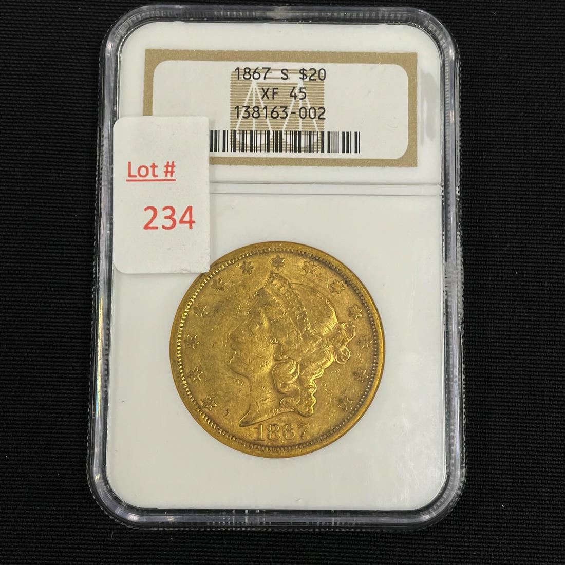 1867 Gold Eagle 1oz $20 Coin Graded XF45: Graded XF45. All coins in this auction are from an 85 year old longtime single owner Northern New York Collector.