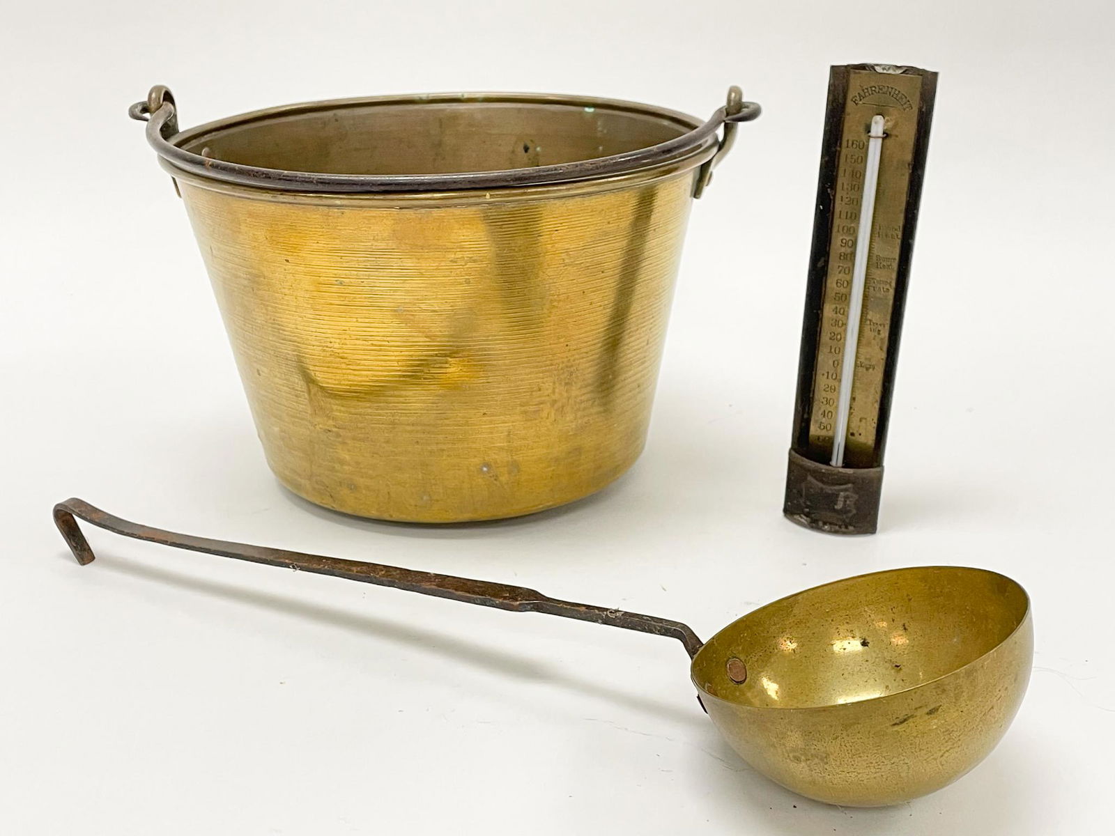 Brass Apple Butter Bucket, Ladle & Thermometer (1 of 5)