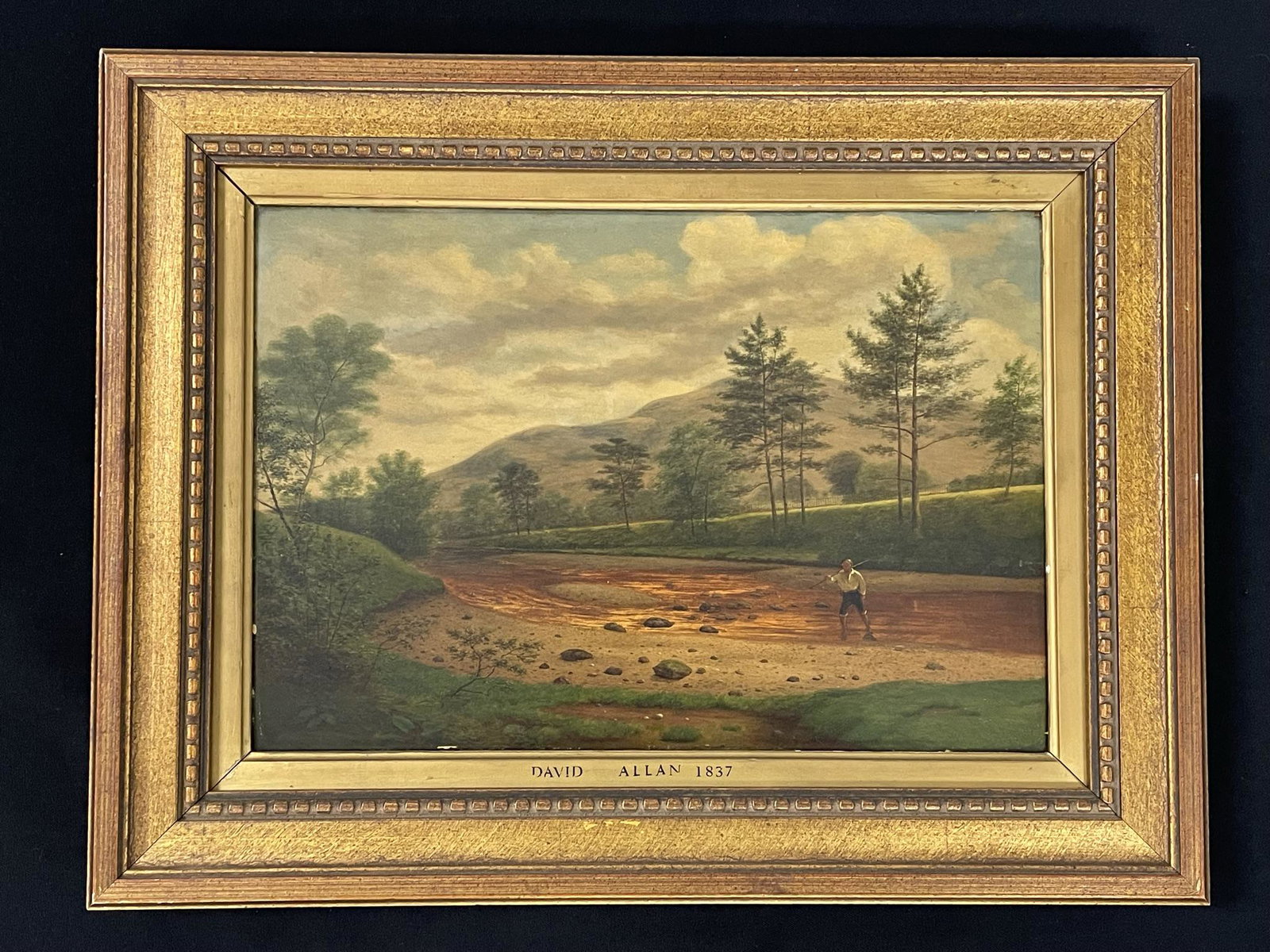 Angling Painting on Board: Signed "D. Allan 1837", board size 14 1/4" x 10 1/2", overall frame size 13 1/4" x 17 1/4". Edge wear, age darkened, finely crazed surface, in a wood frame marked "David Allan 1837". The reverse of th