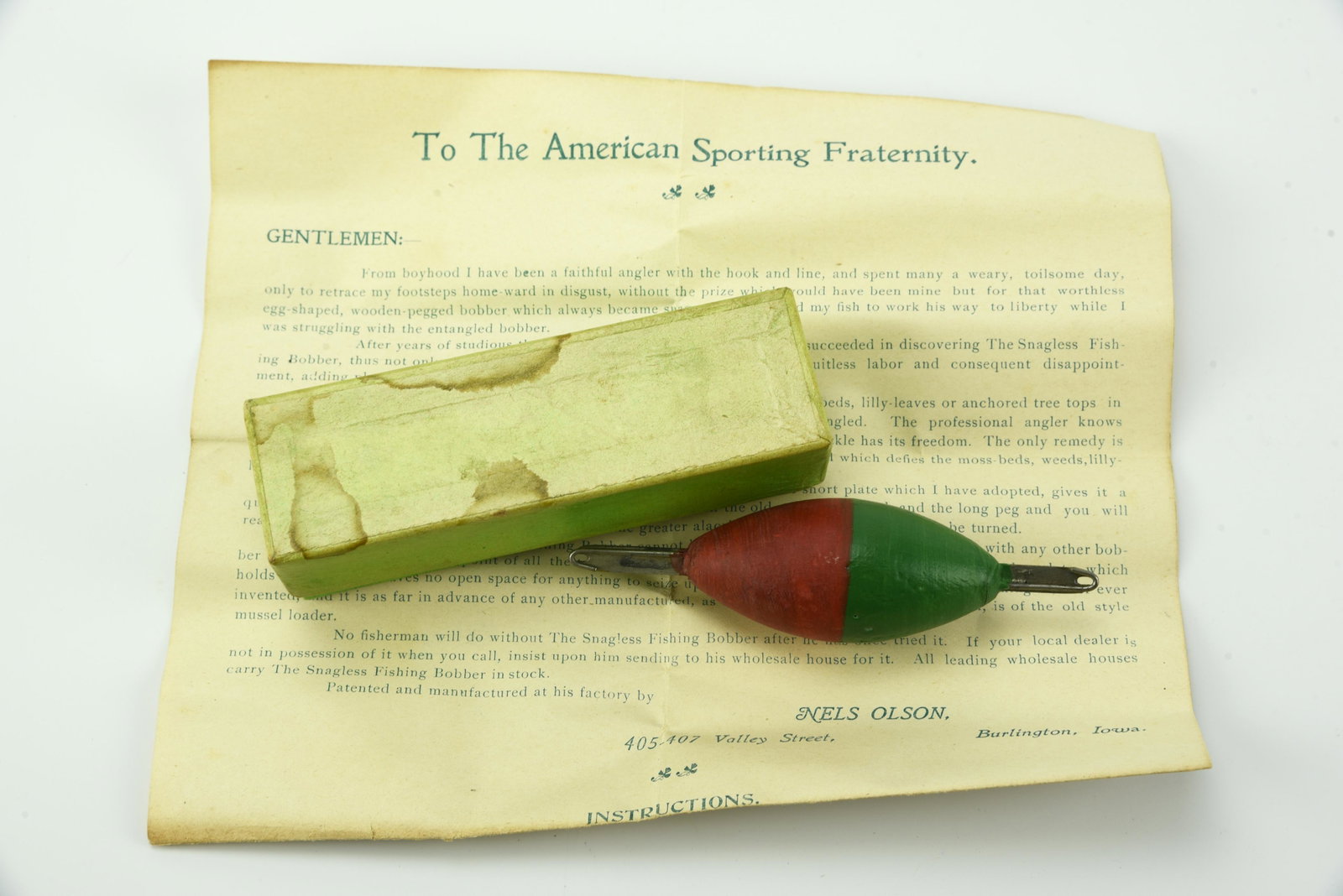 The Snagless Fishing Bobber: Scarce, in the original box with "To The American Sporting Fraternity" letter, marked "Pat. 9.17.01", appears unused.