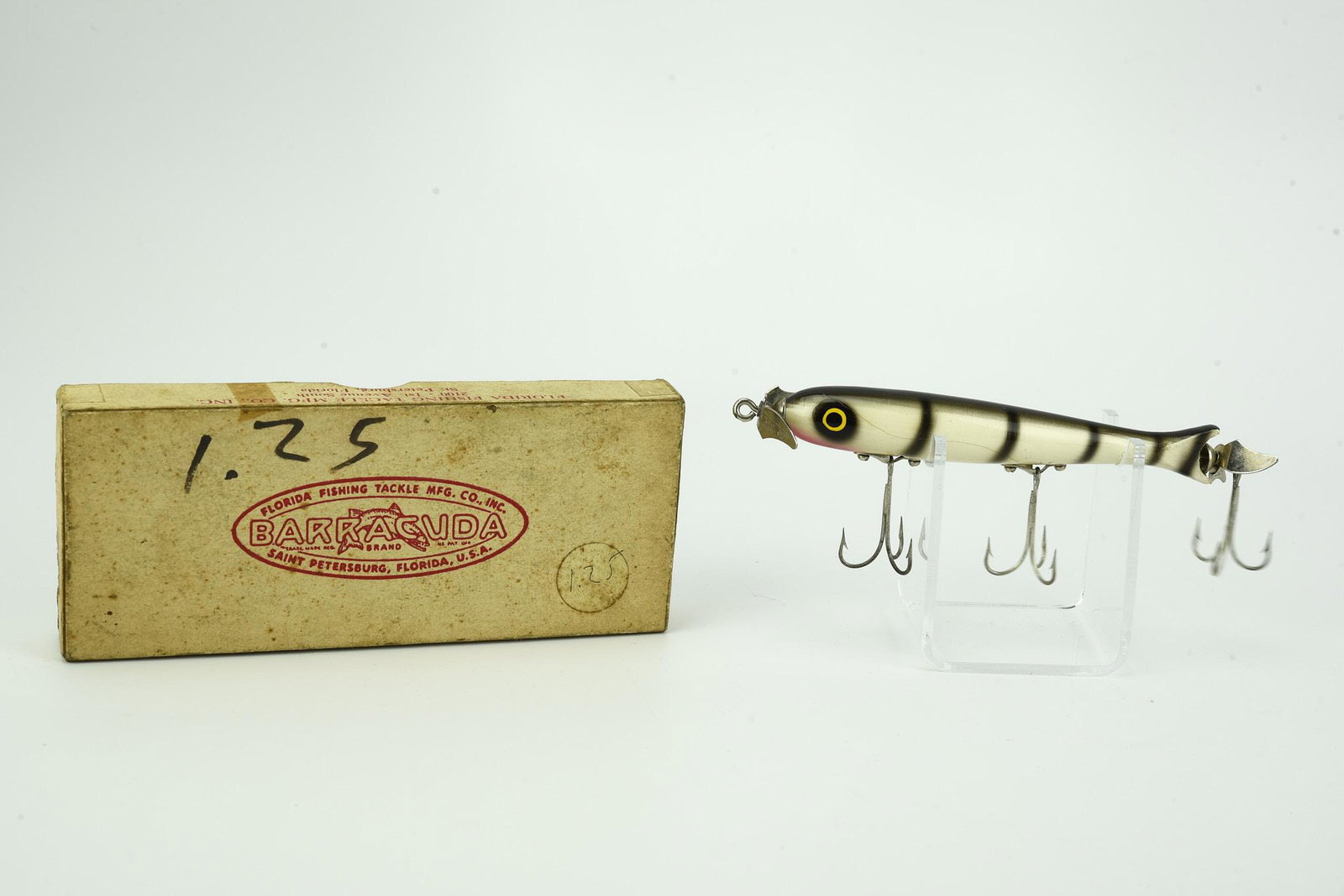 Barracuda Torpecuda: Unfished, 4 1/2", zebra finish, marked spinners (Ex-/Ex), in the correct 60 Torpecuda Zebra stamped box, other than handwritten prices about Ex-.