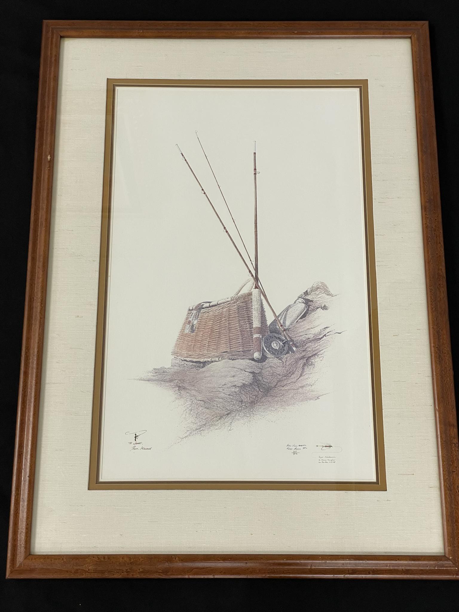 Remarqued Hull Rod & Creel Print: By award winning Boalsburg, Pennsylvania artist Ken Hull, remarqued and dated 1987, the artist including his signature as well as a color Royal Coachman fly sketch on the bottom right. Professionally 