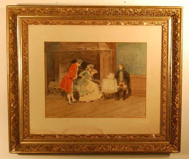 Leon Moran (1864-1941) Watercolor: Interior of lady with two men in front of fireplace. Dated 1893. Sight size 12"x 16". Overall size 23" x 26 3/4". Staining on matboard, frame has some plaster loss, diagonal scratch across man with bl