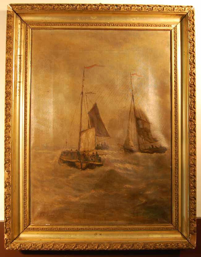 Oil on Canvas of Sailing Vessels: Signature illegible. Possibly H.W. Mackey? Sight size 18 1/4" x 25 1/4". Overall 24" x 31 1/4". Canvas needs re-stretching, very dirty. Pin hole in one sail. Minor paint loss. (From an upstate NY Doct