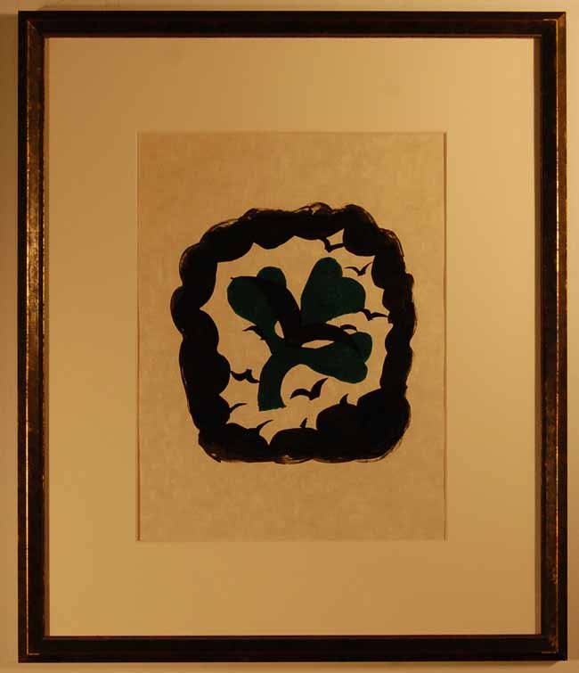 George Braque Lithograph: Titled "Flower and Birds". Sight size 12" x 9". Overall size 19" x 16". Label from Renaissance Society Gallery at the U. of Chicago. Deaccessioned from St. Lawrence University.