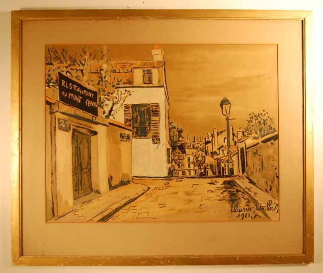 Maurice Utrillo French City Scene Lithograph: Restaurant AuMont Cenis. Dated 1922. Sight size 18" x 23 1/2". Overall 25 3/4" x 30 1/2". (From an upstate NY Doctor's Estate that has been untouched for over a decade)